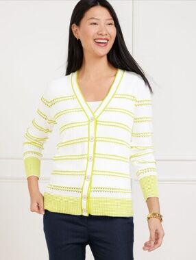 Talbots White with Lime-Green Knit Cardigan SzL